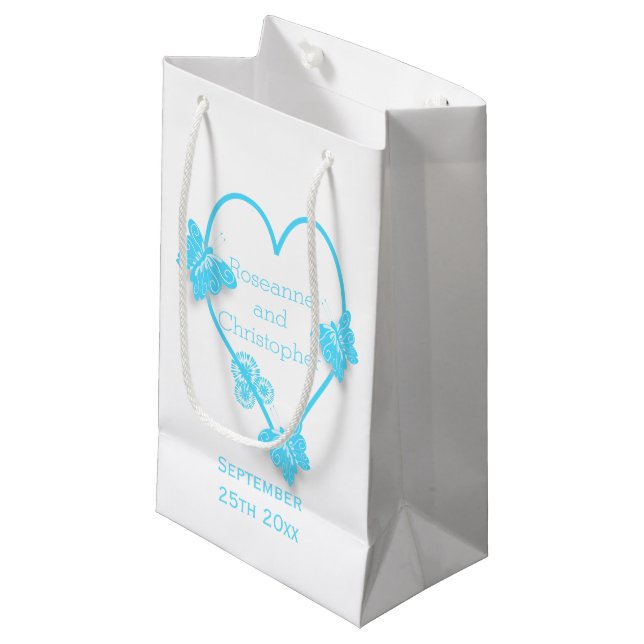 Blaufarbene Butterfly Herzdesign Hochzeit Kleine Geschenktüte (Vorderseite Schrägansicht)