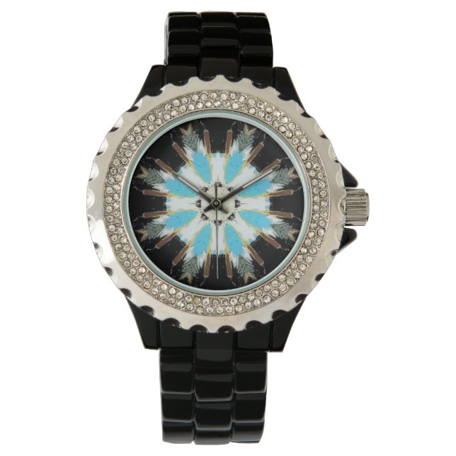 Blaufederstern auf schwarz armbanduhr (Vorderseite)
