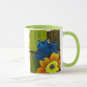 Blaufrosch entspannt auf Blume und Baumzweig Tasse