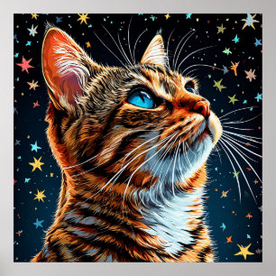 Blaugäugige getigerte Katze blickt in den sternenk Poster