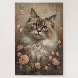 Blaugäugige Katze mit Rosen – Elegantes Blumenpuzz Puzzle