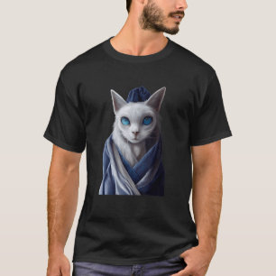 Blaugäugige traurige Katzengesicht mit weißem und T-Shirt
