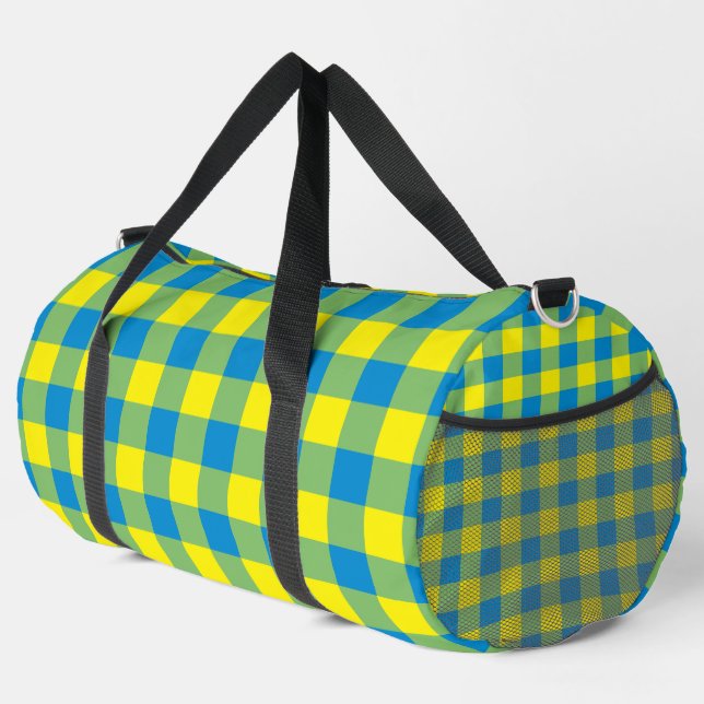 Blaugelb-grünes Kariertes Schachbrett Muster Duffle Bag (Rechte Ecke)