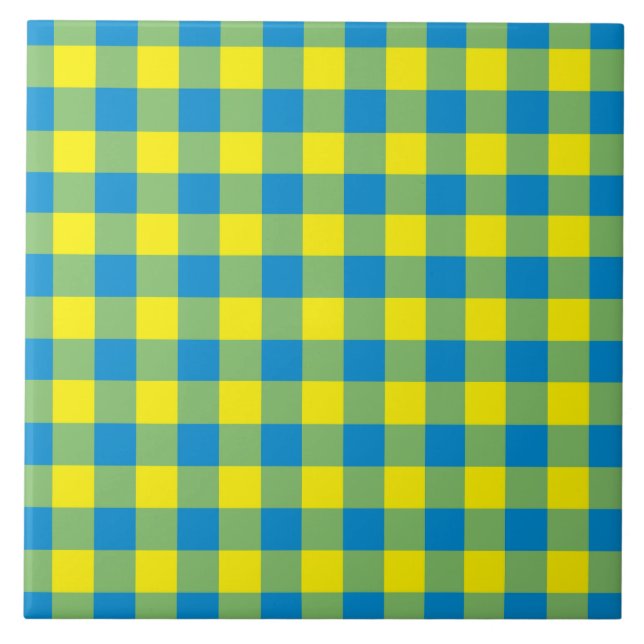 Blaugelb-grünes Kariertes Schachbrett Muster Fliese (Vorderseite)