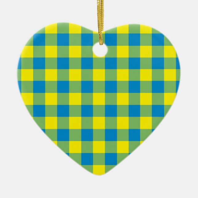 Blaugelb-grünes Kariertes Schachbrett Muster Keramik Ornament (Vorne)