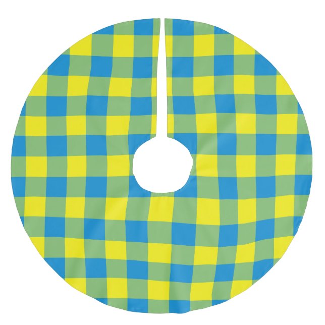 Blaugelb-grünes Kariertes Schachbrett Muster Polyester Weihnachtsbaumdecke (Vorderseite)