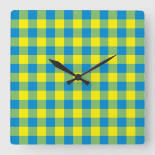 Blaugelb-grünes Kariertes Schachbrett Muster Quadratische Wanduhr
