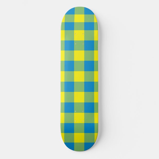 Blaugelb-grünes Kariertes Schachbrett Muster Skateboard (Vorderseite)