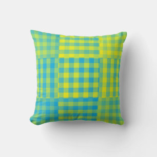 Blaugelb kariertes Patchworkmuster Kissen