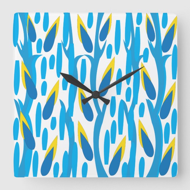 Blaugelbe Abstrakte Blätter Vintage Natur Quadratische Wanduhr (Vorderseite)