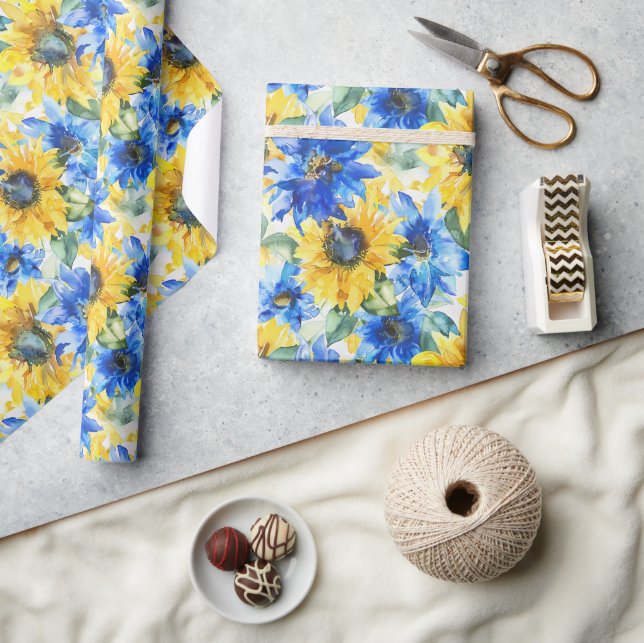 Blaugelbe Blumen Geburtstag Geschenkpapier (Kunsthandwerk)