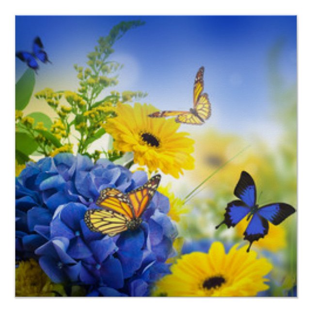 Blaugelbe Blumen mit Schmetterlingen Poster (Vorderseite)