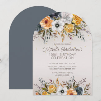 Blaugelbe Blütenblume Glitzer 100. Geburtstag Einladung