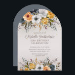 Blaugelbe Blütenblume Glitzer 60. Geburtstag Einladung<br><div class="desc">Arch-förmige 60. Geburtstagsfeier für sie mit wunderschönen marinen und staubblauen und senfgelben Blume in Aquarellfarbe. Kontaktieren Sie mich für Hilfe bei Ihren Anpassungen oder für die Abstimmung oder Koordination von Zazzle Produkten.</div>
