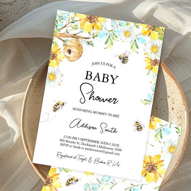 Blaugelbe florale Mommy zu Baby-Dusche Einladung (Boys Mommy-To-Bee Bee Themed Baby Shower Invitation Floral Bumble Bee baby Shower Invite, Honey Bee)