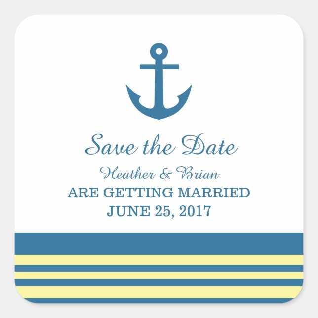 Blaugelbe Nautic Anker Save the Date Stickers (Vorderseite)