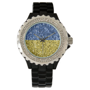 Blaugelbe ukrainische Flagge Glitzer Imitate Glitz Armbanduhr