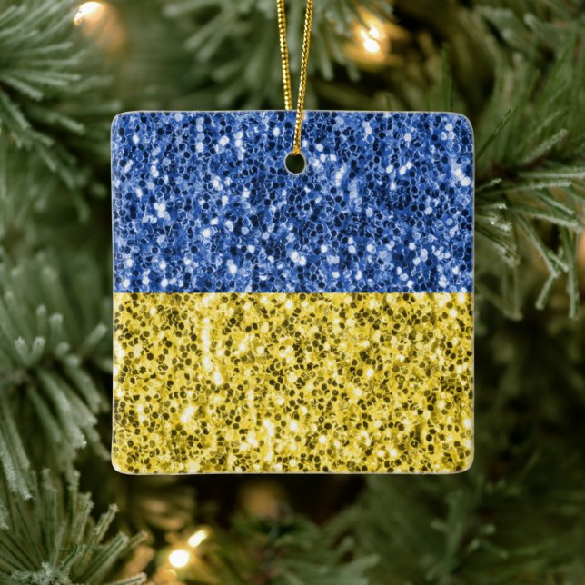 Blaugelbe ukrainische Flagge Glitzer Imitate Glitz Keramikornament (Baum)