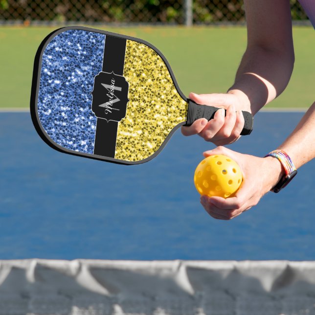 Blaugelbe ukrainische Flagge Glitzer Imitate Monog Pickleball Schläger (InSitu)