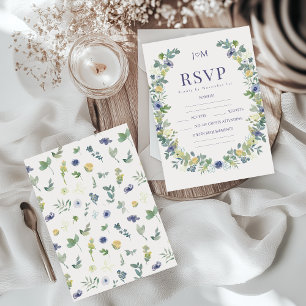 Blaugelbe weiße Blume Wreath Wedding RSVP Karte