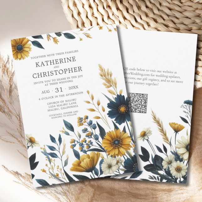 Blaugelbe Wildblume Eleganter QR-Code Hochzeit Einladung (Blue Yellow Wildflowers Elegant Wedding Invitation with QR Code for Wedding Website.)