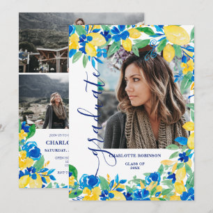 Blaugelbe Zitronen Blumenschrift Foto Abschluss Einladung