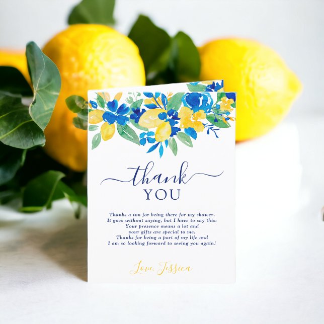 Blaugelbe Zitronen Brautparty Dankeskarte (Blue yellow lemons floral watercolor bridal shower thank you card)