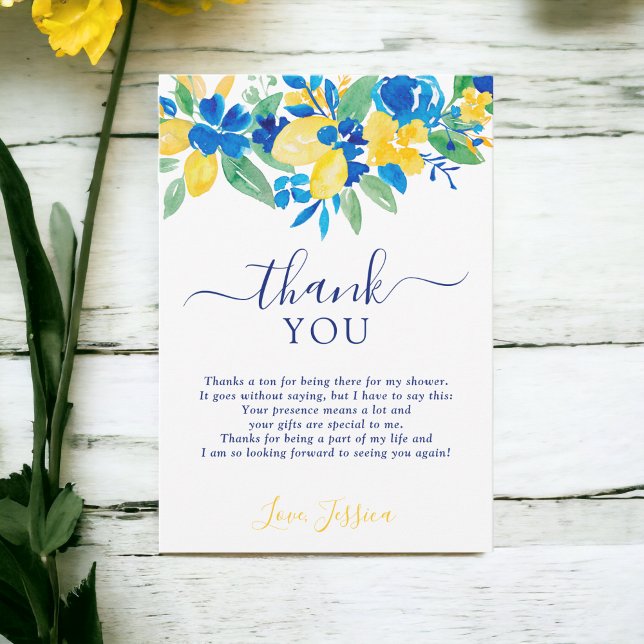 Blaugelbe Zitronen Brautparty Dankeskarte (Blue yellow lemons floral watercolor bridal shower thank you card)