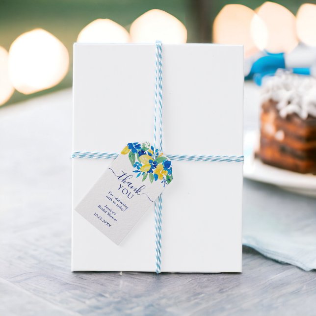 Blaugelbe Zitronen Brautparty Geschenkanhänger (Blue yellow lemons floral watercolor bridal shower gift tags)