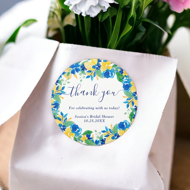 Blaugelbe Zitronen Brautparty Runder Aufkleber (Blue yellow lemons floral watercolor bridal shower classic round sticker)