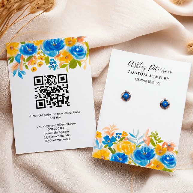 Blaugelber Blütenschmuck Ohrring Visitenkarte (Blue yellow floral boho jewelry earring display business card)