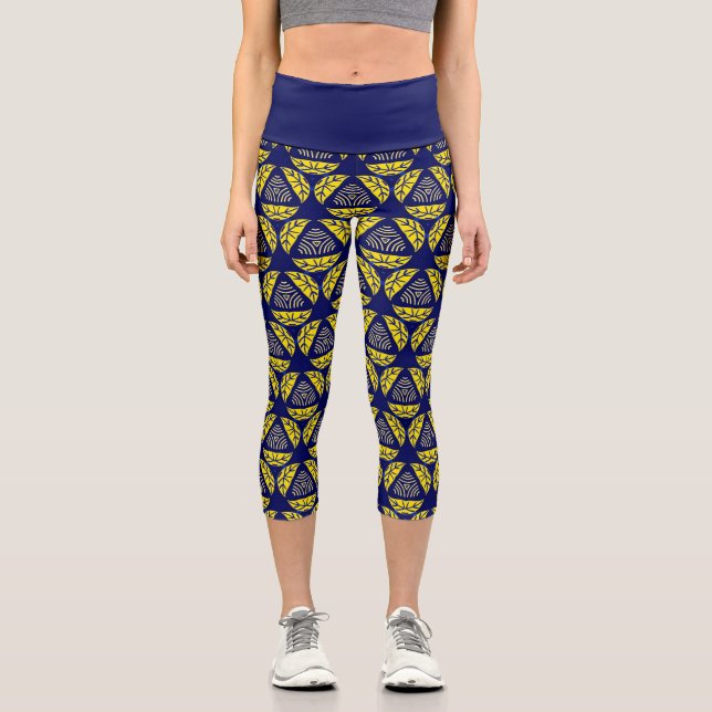 Blaugelbes Abstraktes geometrisches Muster Capri Leggings (Vorderseite)
