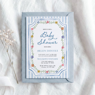 Blaugestreifte Florale Babyparty-Einladung Einladung