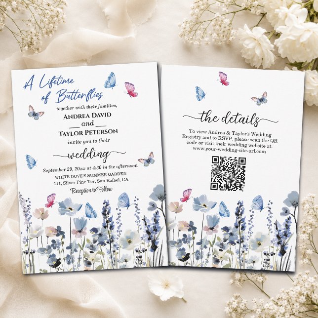Blauglocken-Wildblumen Hochzeit mit QR-Code in ein Einladung (Von Creator hochgeladen)