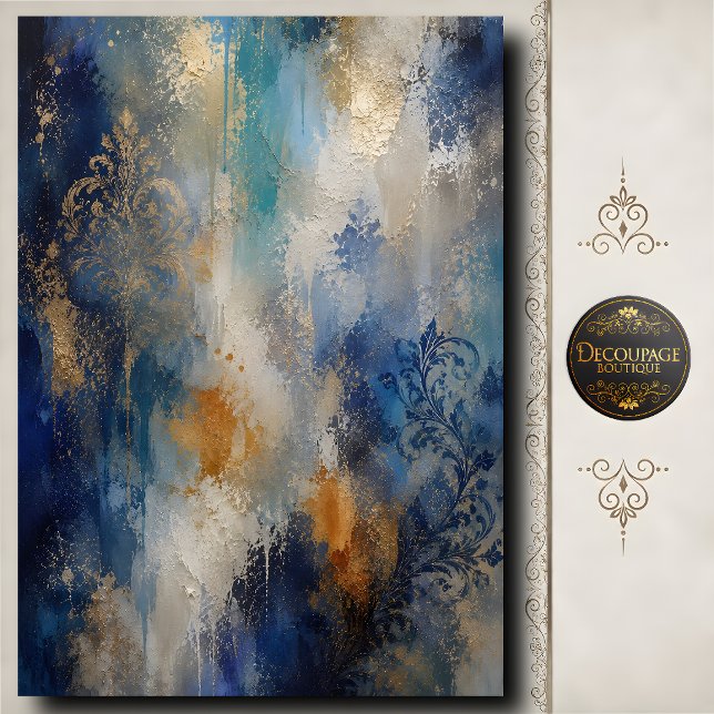 Blaugold-Damask-Decoupage-Abstrakte Textur Seidenpapier (Blue Gold Damask Decoupage Abstract Texture Tissue Paper)
