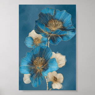 Blaugoldene botanische Mohn-Linienkunst-Blume Poster