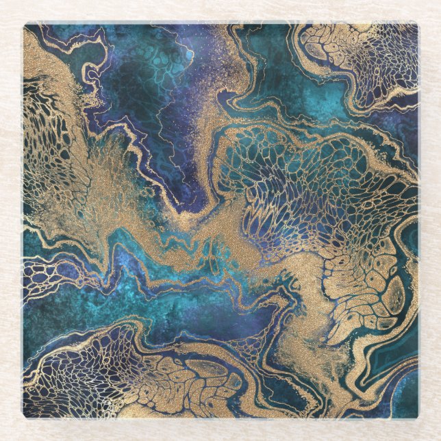 Blaugoldmarmorierung: abstrakter Hintergrund. Glasuntersetzer (Vorderseite)