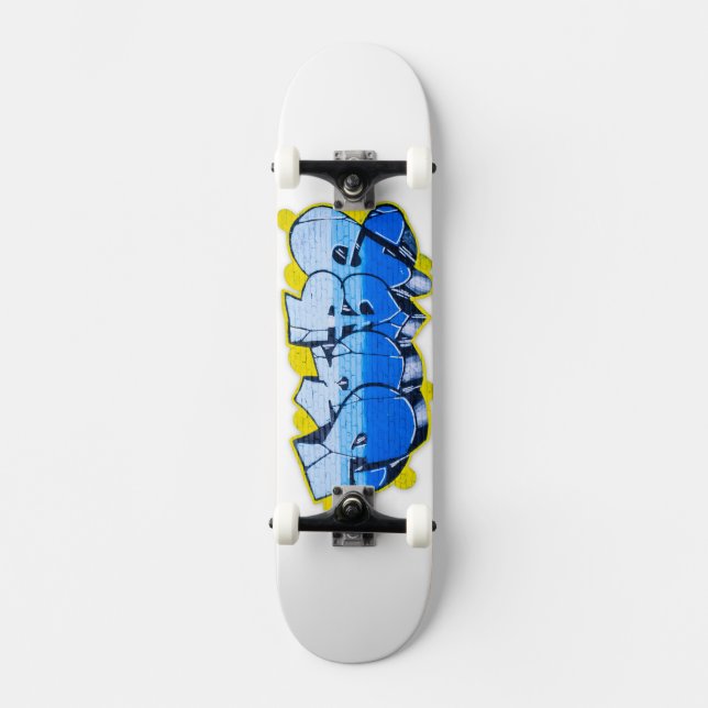 Blaugraffiti an einer Ziegelwand Skateboard (Vorderseite)