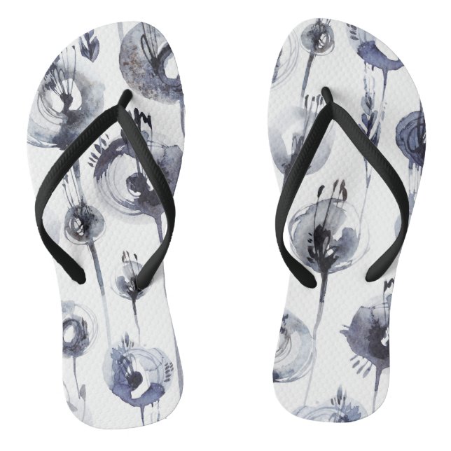 Blaugraue abstrakte Blume Federgrafik Flip Flops (Fußbett)