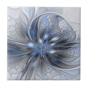 Blaugraue Aquarell-Abstrakte Blumen-Fraktal-Kunst Fliese