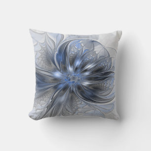 Blaugraue Aquarell-Abstrakte Blumen-Fraktal-Kunst Kissen