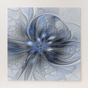Blaugraue Aquarell-Abstrakte Blumen-Fraktal-Kunst Puzzle