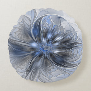 Blaugraue Aquarell-Abstrakte Blumen-Fraktal-Kunst Rundes Kissen