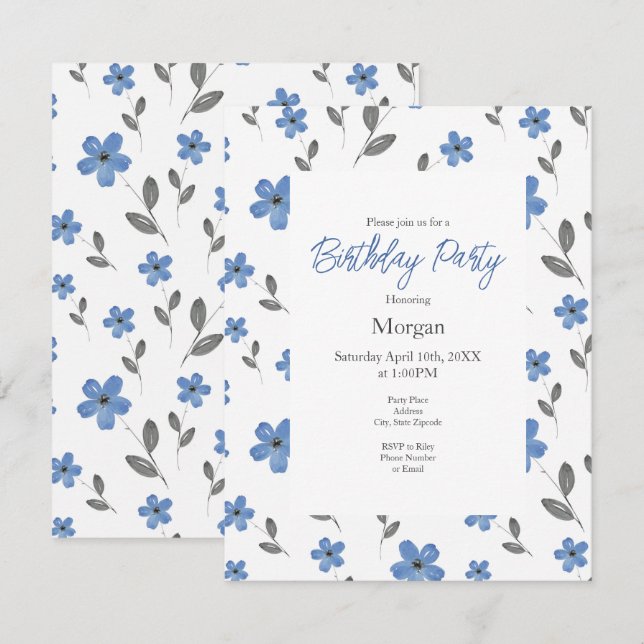 Blaugraue Aquarellfarbe Fünf Petal-Blume Muster Einladung (Vorne/Hinten)
