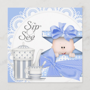Blaugraue Baby Boy Sip And See Einladungen