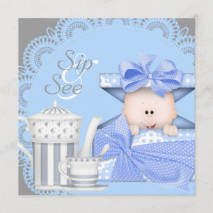 Blaugraue Baby Boy Sip And See Einladungen