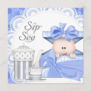Blaugraue Baby Boy Sip And See Einladungen