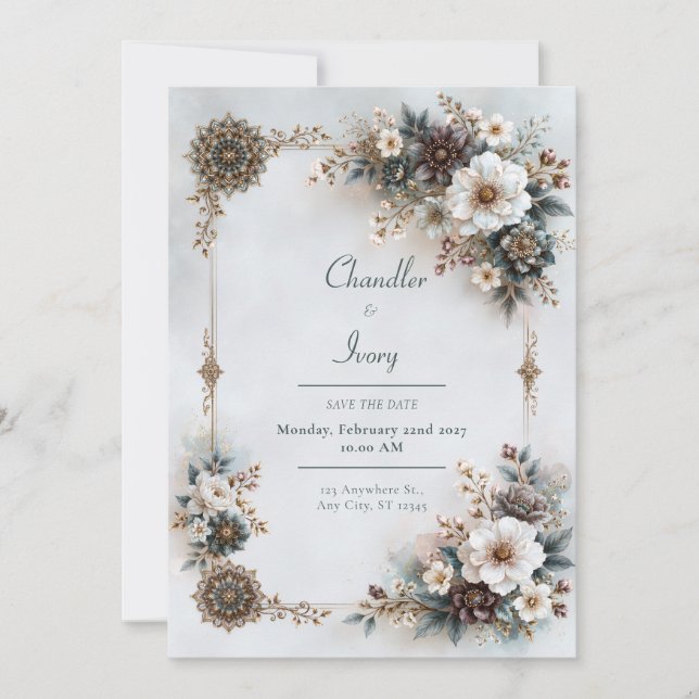 Blaugraue florale Hochzeit Einladung (Vorderseite)