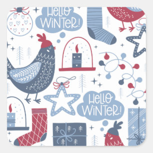 Blaugraue Hallo Winter Weihnachten Illustration Quadratischer Aufkleber