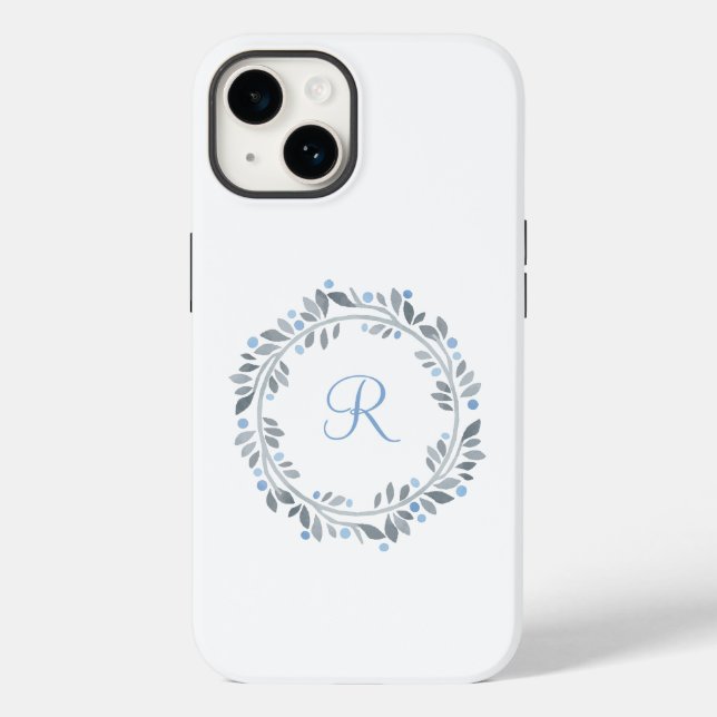 Blaugraue Monogramm-Blumenkrone  Case-Mate iPhone Hülle (Rückseite)